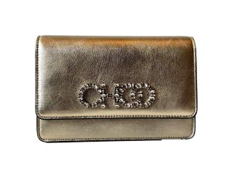 Jimmy Choo Kalina Crossbody Clutch Bag Crystal Logo Metallic Gold