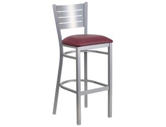 Silver Slat Back Metal Restaurant Barstool - Burgundy Vinyl Seat