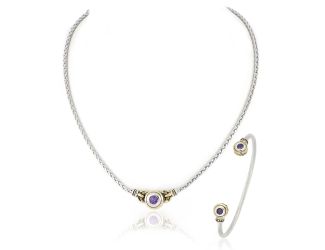 Beijos 6mm Single Stone Necklace & Small Cuff Bracelet, Amethyst CZ. N5027-A303 & B5029-A300