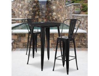 30" Round Black Metal Indoor-Outdoor Bar Table Set with 2 Cafe Stools