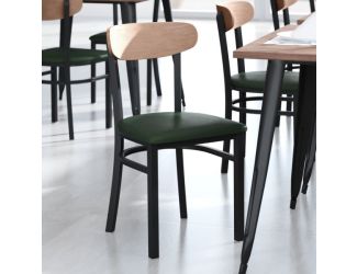 Commercial Metal Dining Chair - Vinyl Seat - Wood Boomerang Back-Green/Natural