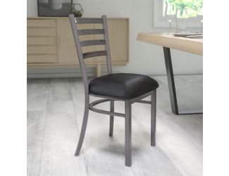 Clear Coated Ladder Back Metal Restaurant Chair - Black Vinyl Seat