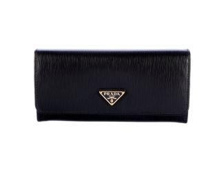 Prada Vitello Move Nero Black Leather Continental Long Wallet Gold Triangle Logo