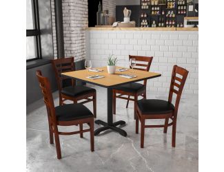 Ladder Back Mahogany Wood Restaurant Chair - Black Vinyl Seat