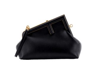 Fendi First Midi Nappa Leather Clutch Crossbody Bag Nero Black Gold FF Logo