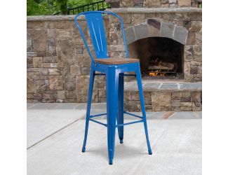 30" High Blue Metal Barstool with Back and Wood Seat - Kitchen Furniture