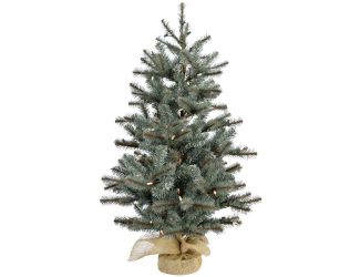 4-Ft. Yardville Pine Artificial Porch Tree with Rustic Burlap Base and LED String Lights