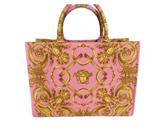 Versace Pastel Pink Signature Print Large Canvas Tote Designer Handbag
