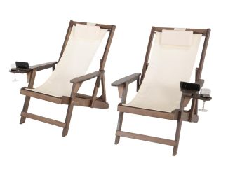 Romantic Collection - Canvas Sling Chair w/Beverage Holder, Set of 2 - Dark Brown, Beige
