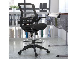 Gray Mid-Back Mesh Drafting Chair with White Frame and Flip-Up Arms