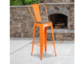 30" High Orange Metal Barstool with Back and Wood Seat - Kitchen Furniture