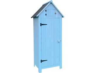 Outdoor Wooden Storage Shed with Pitched Roof, 3 Shelves and Locking Latch in Blue 2.5 Ft. W x 1.7 F