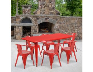 31.5" x 63" Rectangular Red Metal Indoor-Outdoor Table Set with 6 Arm Chairs