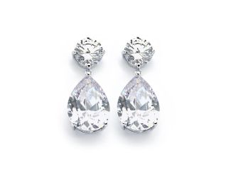 PARIKHS Rhodium Plated Round Teardrop Clear CZ Dangling Stud Earring in 925 Sterling Silver