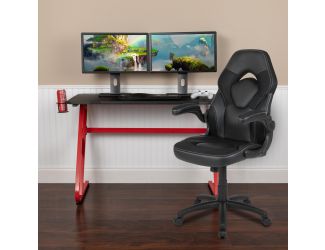 Desk Bundle - Red Gaming Desk, Cup Holder, Headphone Hook and Black Chair