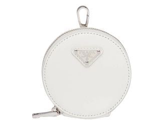 Prada Triangle Plaque Smooth White Leather Round Mini Pouch Keychain