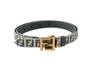Fendi FF Denim Reversible Skinny Belt Blue White Canvas Leather Gold Buckle 90
