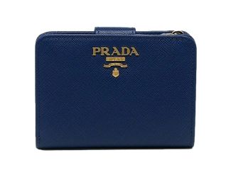 Prada Saffiano Metal Compact Wallet Bluette Blue Multicolor Gold Hardware