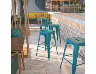30" High Backless Distressed Blue-Teal Metal Indoor-Outdoor Barstool - Patio