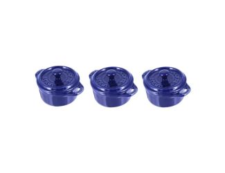 3pc Ceramic Mini Round Cocotte Set Dark Blue
