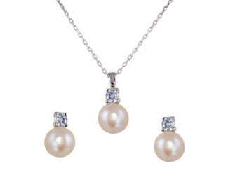 PARIKHS Rhodium Plated Synthetic Pearl Necklace-Earring Set with CZ in 925 Sterling Silver