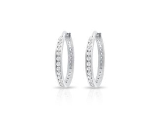 PARIKHS Rhodium Plated Round Clear CZ Hoop Earrings in 925 Sterling Silver-25MM