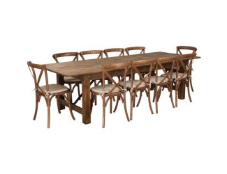 9' x 40" Rustic Folding Farm Table Set with 10 Cross Back Chairs and Cushions