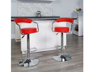 Contemporary Red Vinyl Adjustable Height Barstool with Arms and Chrome Base