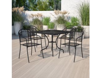 35.5" Square Black Indoor-Outdoor Steel Patio Table Set w/ 4 Round Back Chairs
