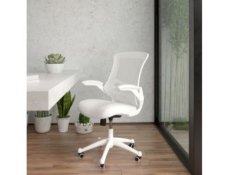 Mid-Back White Mesh Ergonomic Task Office Chair, White Frame - Flip-Up Arms