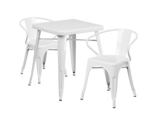 23.75" Square White Metal Indoor-Outdoor Table Set with 2 Arm Chairs