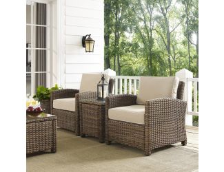 Bradenton 3-Piece Outdoor Wicker Conversation Set With Sand Cushions - Two Arm Chairs & Side Table