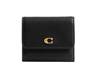 Polished Pebble Leather Mila Flap Wallet - Black/Brass