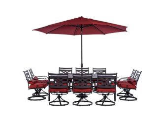 Montclair 11-Piece Dining Set in Chili Red with 10 Swivel Rockers, 60-In. x 84-In. Table, 11-Ft. Umb