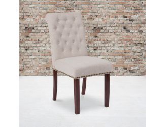 Beige Fabric Parsons Chair with Rolled Back, Accent Nail Trim and Walnut Finish
