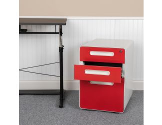Ergonomic 3-Drawer Mobile Locking Filing Cabinet-White with Red Faceplate