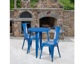 24" Round Blue Metal Indoor-Outdoor Table Set with 2 Cafe Chairs - Patio Set