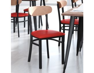 Commercial Metal Dining Chair - Vinyl Seat and Wood Boomerang Back-Red/Natural