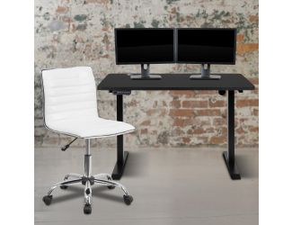 48" Wide Black Electric Adjustable Standing Desk & White Ribbed Office Chair