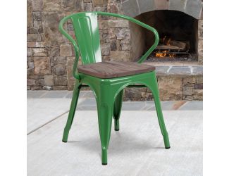 Green Metal Chair with Wood Seat and Arms - Restaurant Furniture