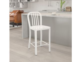 24" High White Metal Indoor-Outdoor Counter Height Stool with Vertical Slat Back