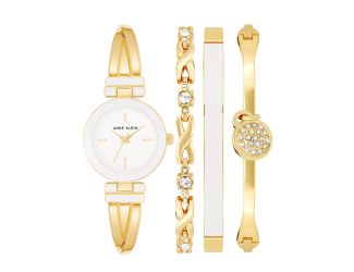 Women's White and Gold Bracelet Watch Set