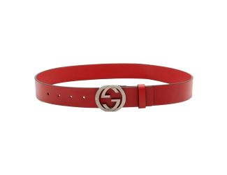 Gucci Interlocking Leather GG Buckle Antiqued Silver Tone Belt Rosso Red 85/34