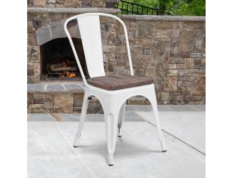 White Metal Stackable Chair with Wood Seat - Restaurant Chair - Bistro Chair