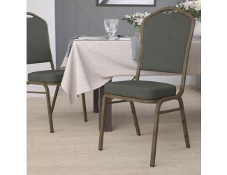 Crown Back Stacking Banquet Chair in Green Patterned Fabric - Gold Vein Frame
