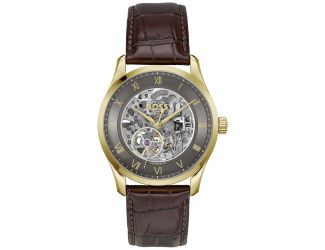 Boss Principle Skeleton Gents. Light Yellow Gold IP Case. Brown Calfskin Strap. Grey Dial.
