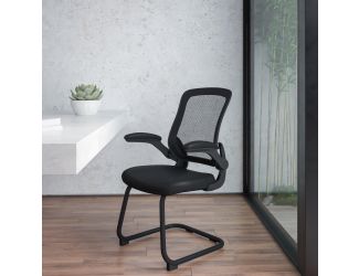 Black Mesh Sled Base Side Reception Guest Office Chair with Flip-Up Arms