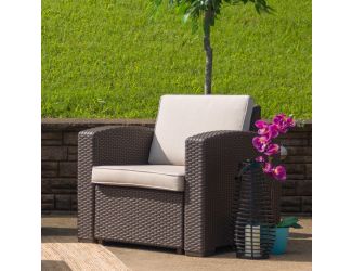 Chocolate Brown Faux Rattan Chair with All-Weather Beige Cushion