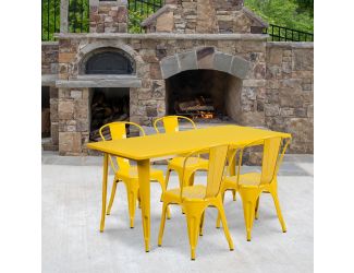 31.5" x 63" Rectangular Yellow Metal Indoor-Outdoor Table Set w/ 4 Stack Chairs