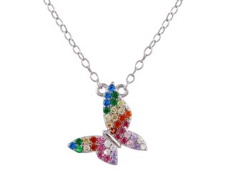 PARIKHS Rhodium Plated Rainbow CZ Butterfly Necklace in 925 Sterling Silver